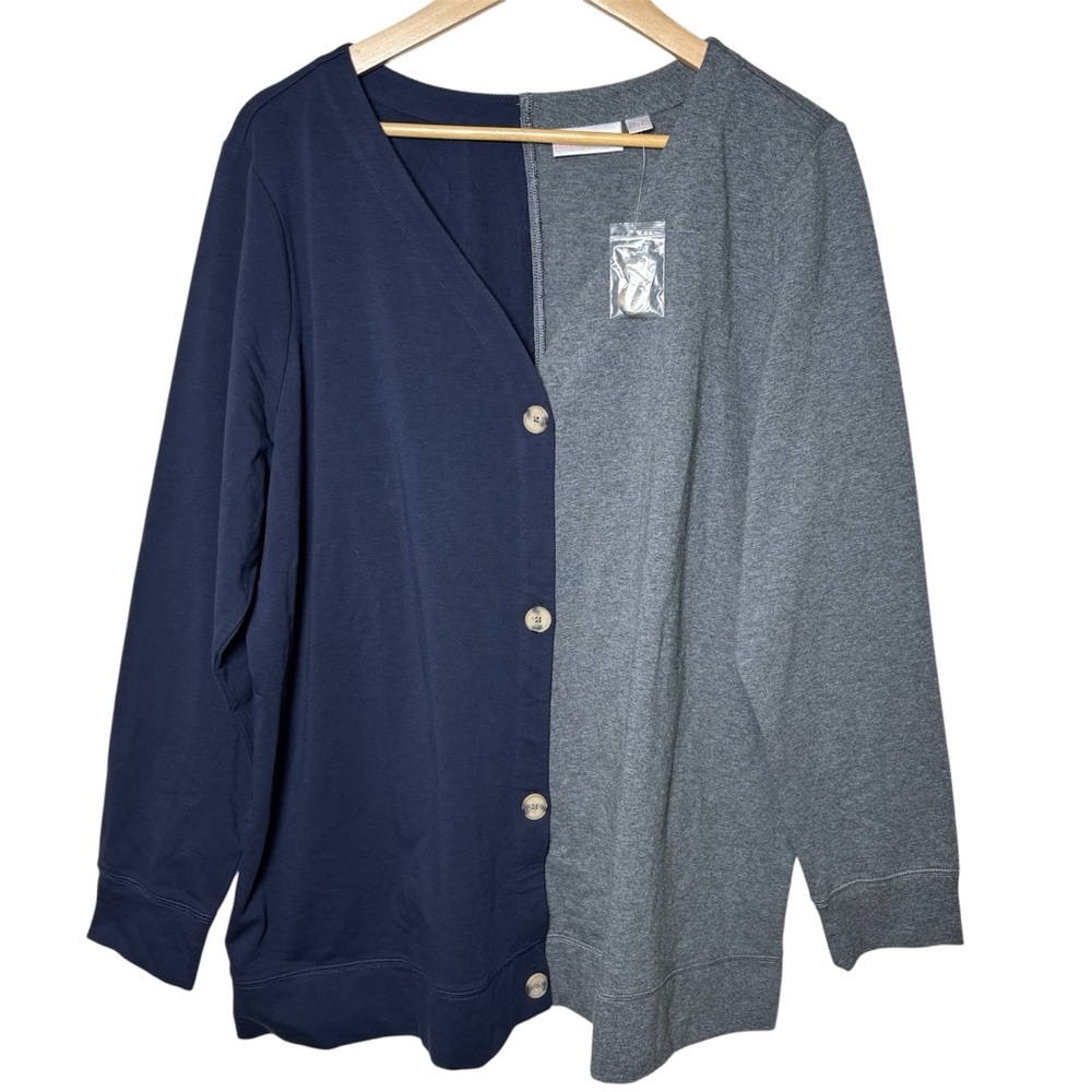 Belle by Kim Gravel French Terry Cardigan Womens XL Split Color Gray Blue NWOT